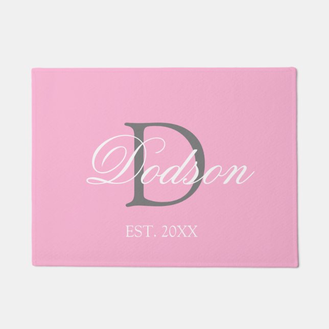 Modern Blush Pink Script Monogram Name Doormat (Front)