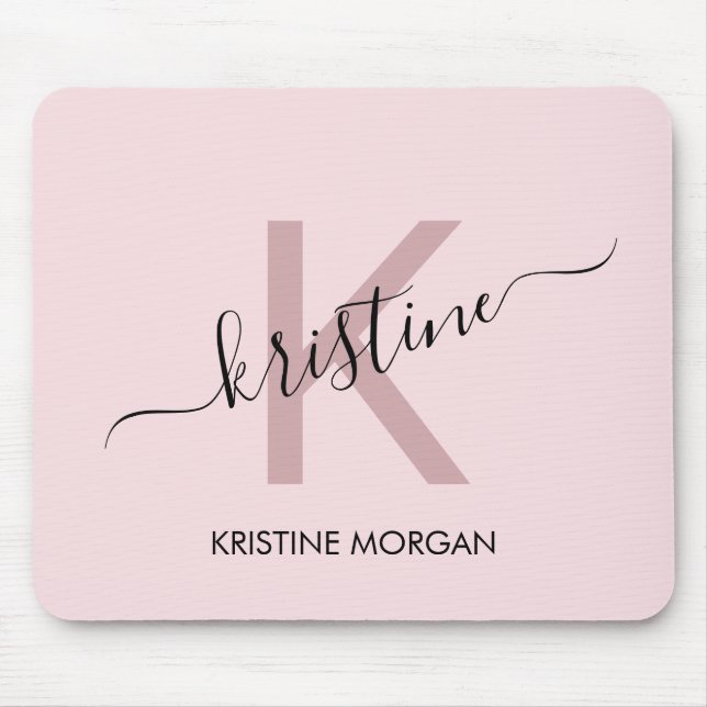 Modern blush pink script monogram name mouse mat (Front)