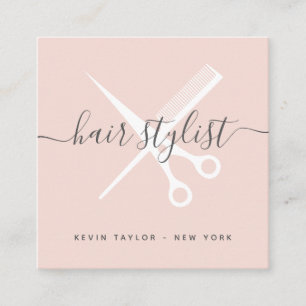 Modern blush pink script signature hair stylist square business card