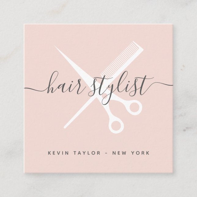 Modern blush pink script signature hair stylist square business card (Front)