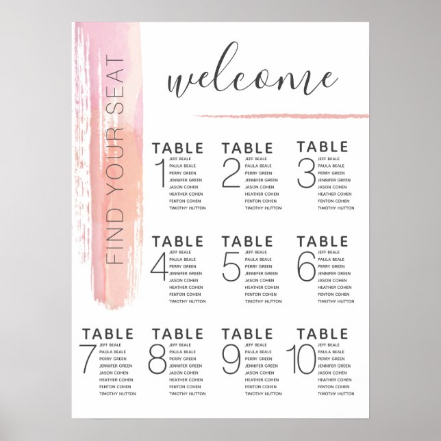 Modern Blush Pink Seating Chart Wedding Poster (Front)