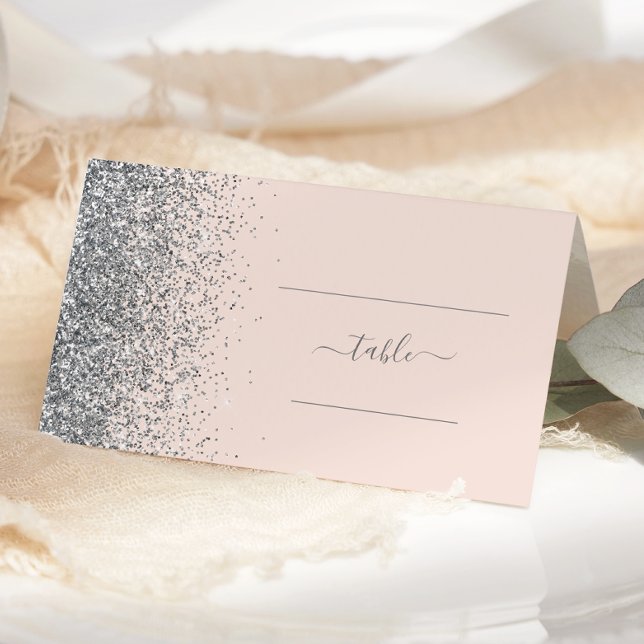Modern Blush Pink Silver Glitter Edge Wedding Place Card (Creator Uploaded)