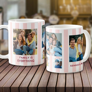 Modern Blush Pink Stripes 5 Photo Collage Family Coffee Mug