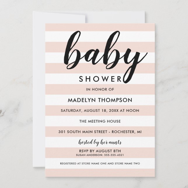 Modern Blush Pink Stripes Baby Girl Shower Invitation (Front)