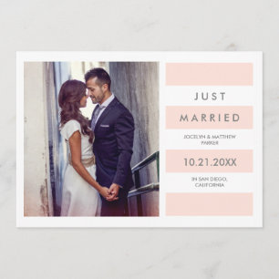 Modern Blush Pink Stripes Just Married Photo Announcement