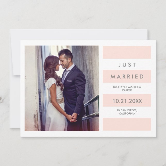 Modern Blush Pink Stripes | Just Married Photo Announcement (Front)