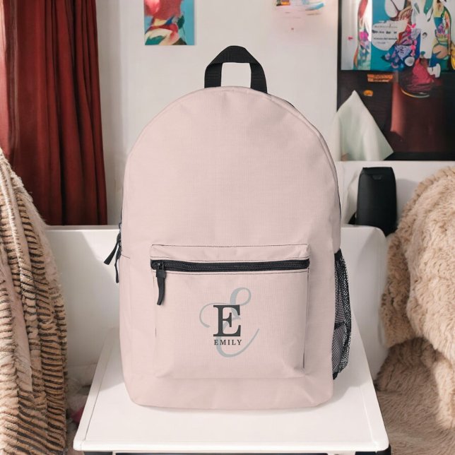 Modern Blush Pink Stylish Monogram Typography Printed Backpack (Personalize with your name and monogram initial.)