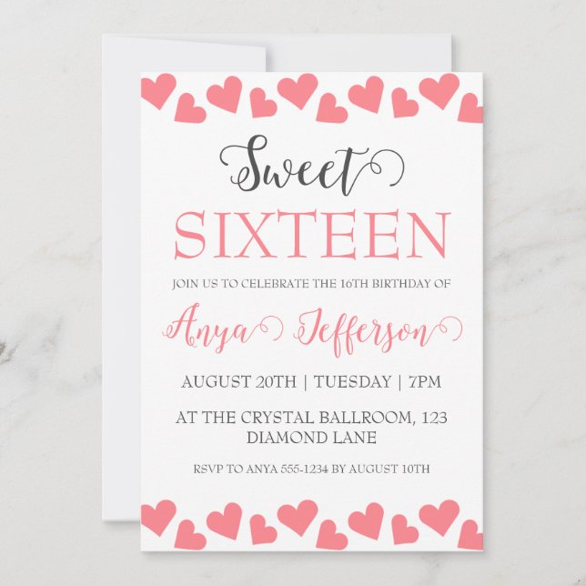 modern blush pink sweet 16 birthday invitations (Front)