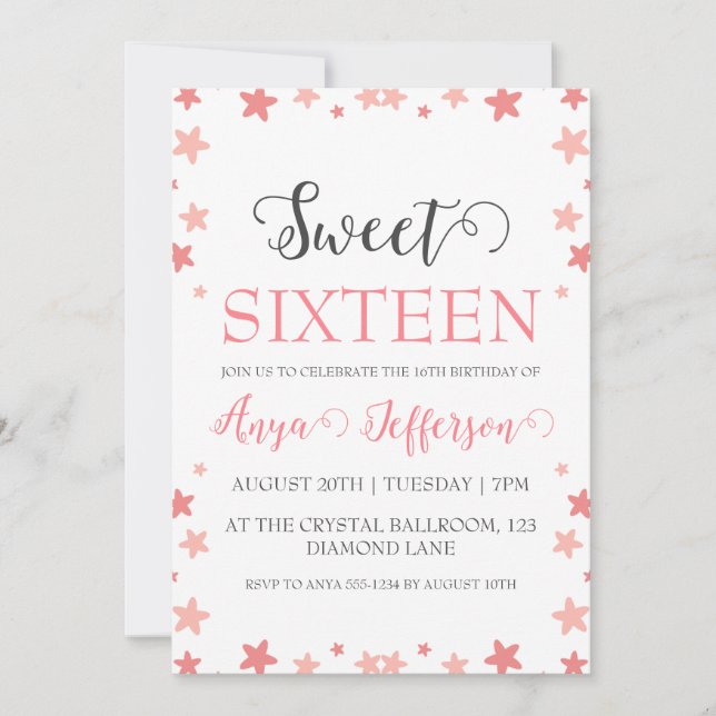 modern blush pink sweet 16 birthday invitations (Front)