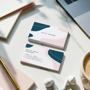 Modern blush pink teal white abstract brushstrokes business card