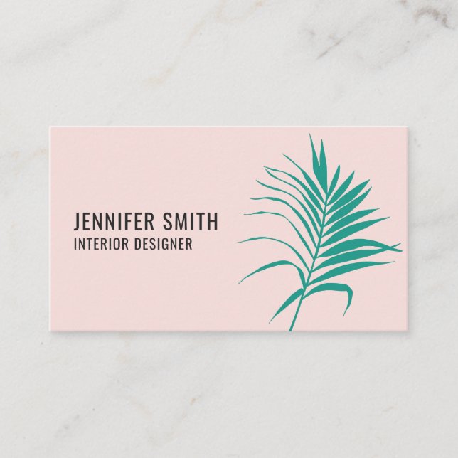 Modern blush pink tropical green leaves minimalist business card (Front)