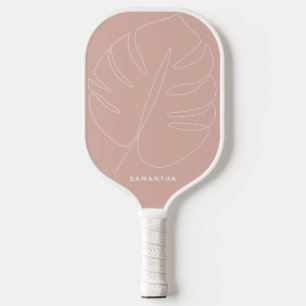 Modern Blush Pink Tropical Leaf Line Drawing Name Pickleball Paddle