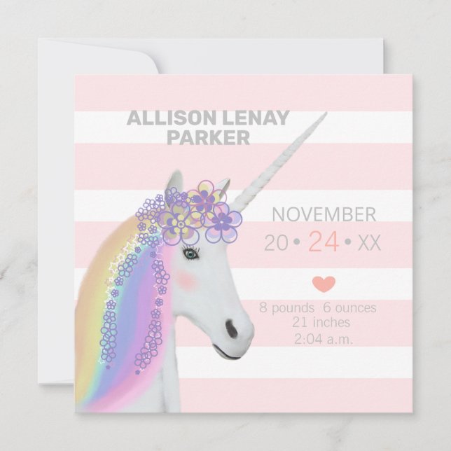 Modern Blush Pink Unicorn Birth Announcement Card (Front)