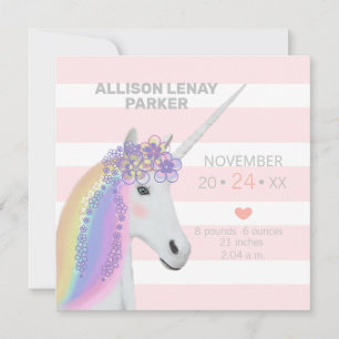 Modern Blush Pink Unicorn Birth Announcement Card
