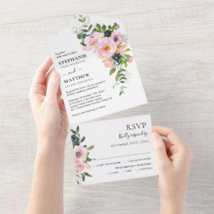 Modern Blush Pink Watercolor Floral Wedding All In One Invitation