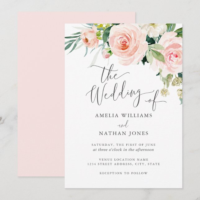 Modern Blush Pink Watercolor Floral Wedding Invitation (Front/Back)