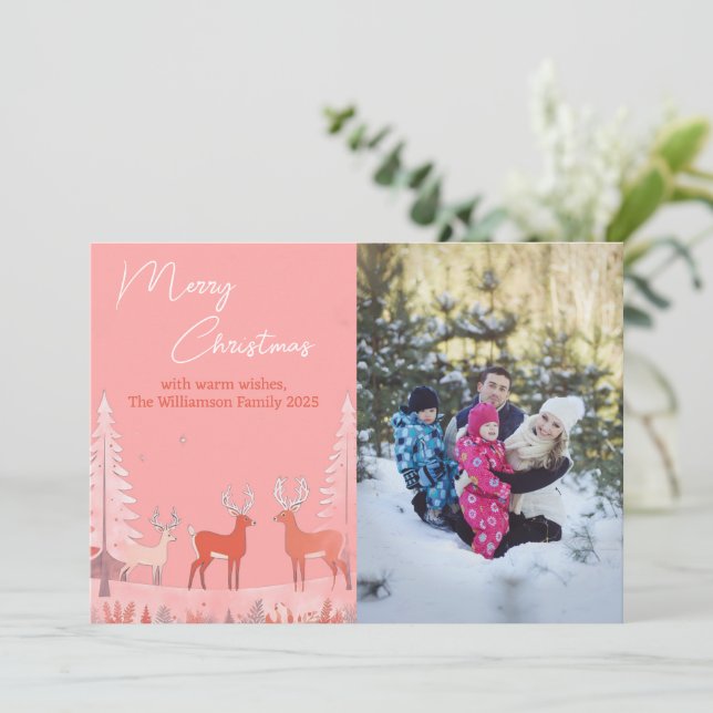 Modern Blush Pink Watercolor Photo Christmas   Holiday Card (Standing Front)