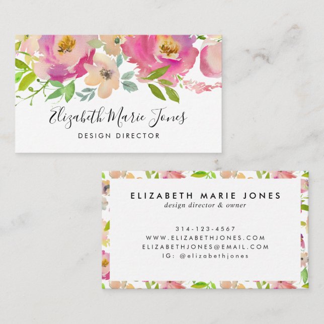 Modern Blush Pink Watercolor Professional Floral Business Card (Front/Back)