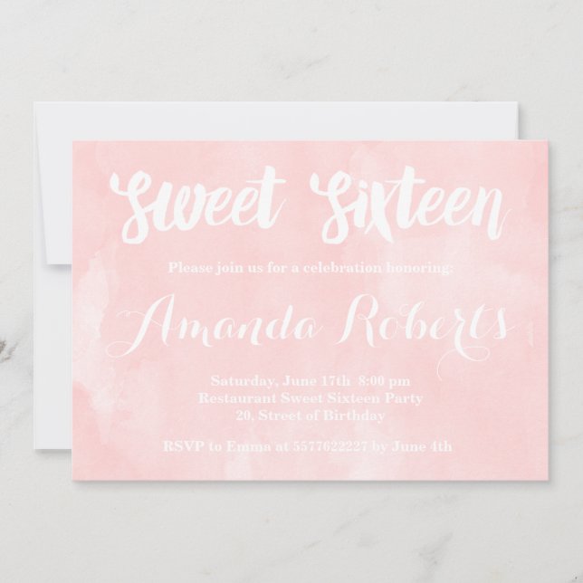 Modern blush pink watercolor Sweet 16 Invitation (Front)