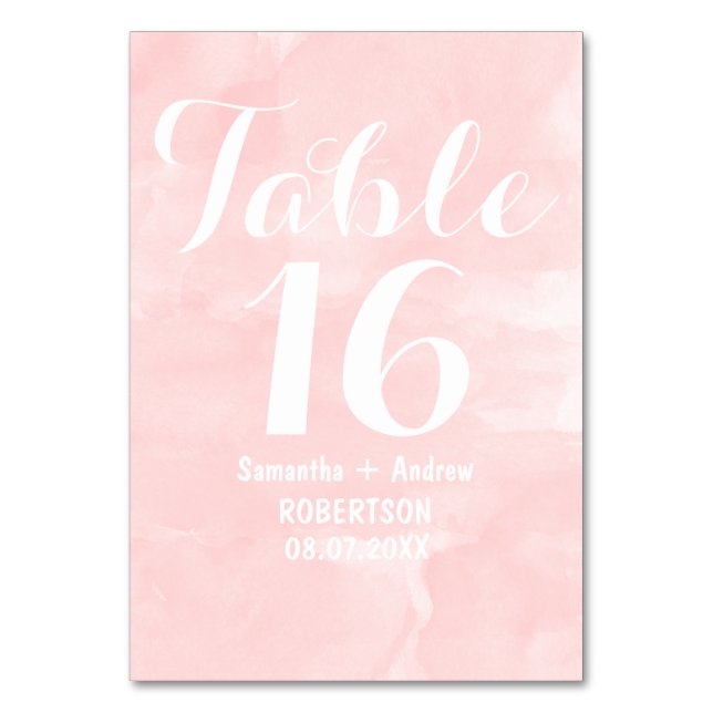 Modern blush pink watercolor table number (Front)