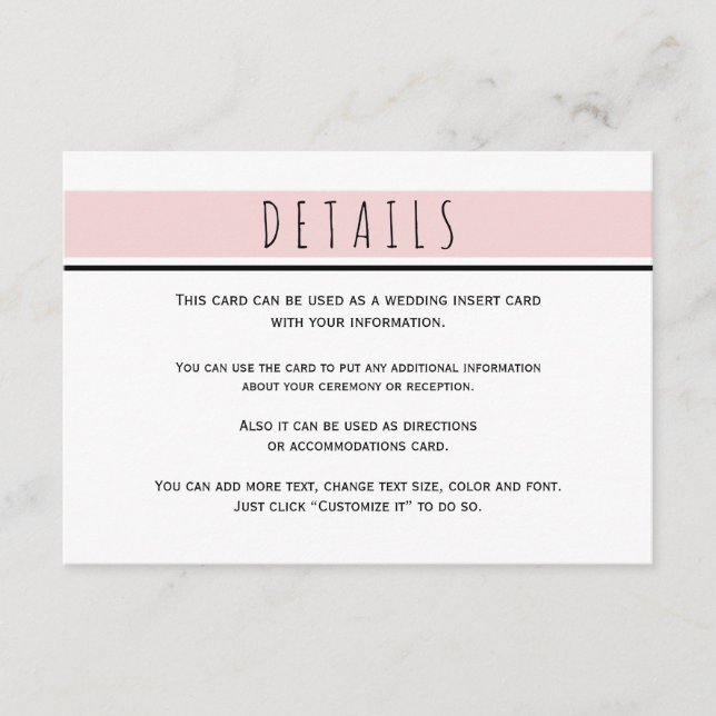 Modern blush pink wedding details insert card (Front)