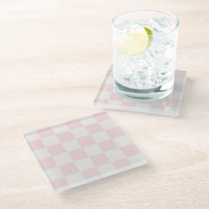 Modern Blush Pink White Checkered Glass Coaster