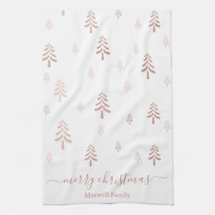 Modern blush pink white merry christmas trees name tea towel