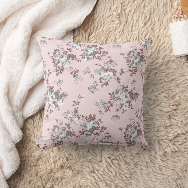Modern blush pink white rose gold glitter floral cushion (Blanket)
