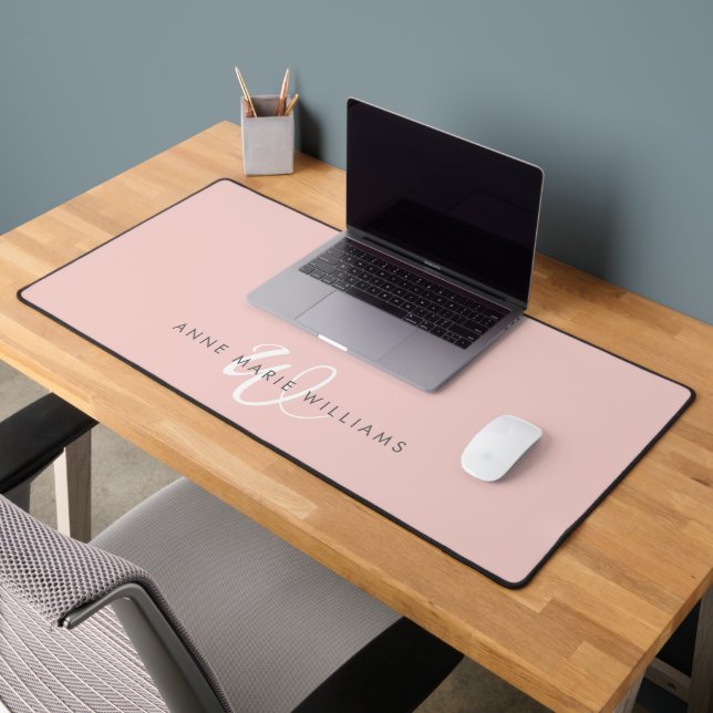Modern Blush Pink White Script Monogram Desk Mat (Office 2)