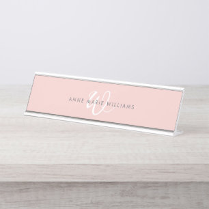Modern Blush Pink White Script Monogram Desk Name Plate
