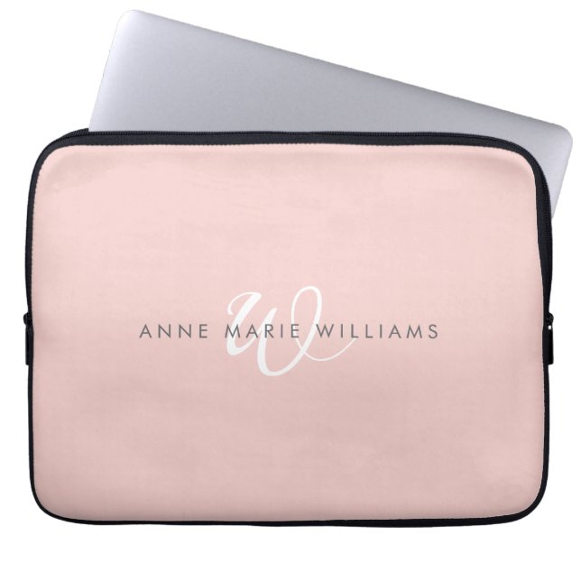 Modern Blush Pink White Script Monogram Laptop Sleeve (Front)