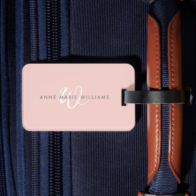Modern Blush Pink White Script Monogram Luggage Tag (Back Insitu 2)