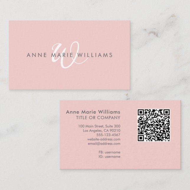 Modern Blush Pink White Script Monogram QR Code Business Card (Front/Back)