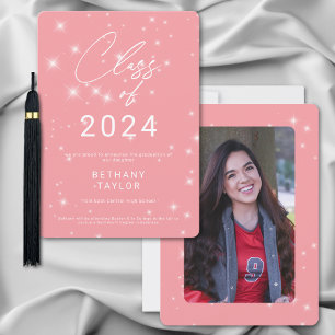 Modern Blush Pink & White Sparkle Graduation Announcement