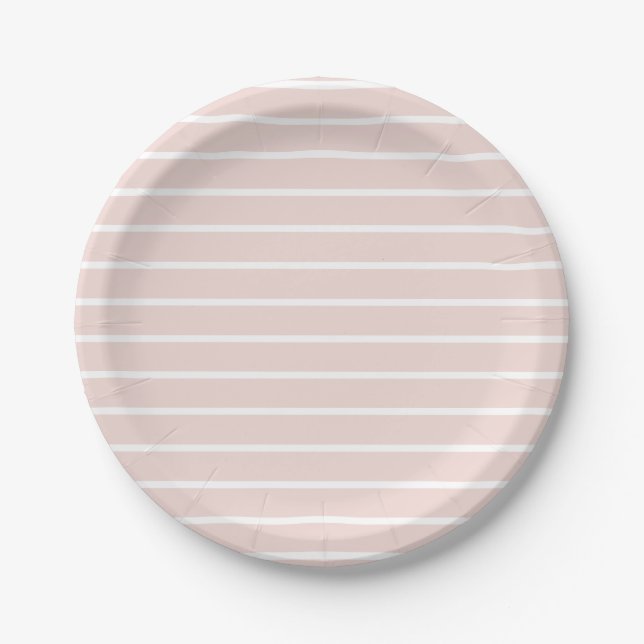 Modern blush pink & white stripes elegant chic  paper plate (Front)
