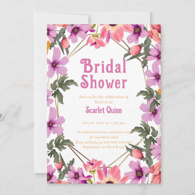 Modern blush pink wildflower #4 bridal shower invitation (Front)