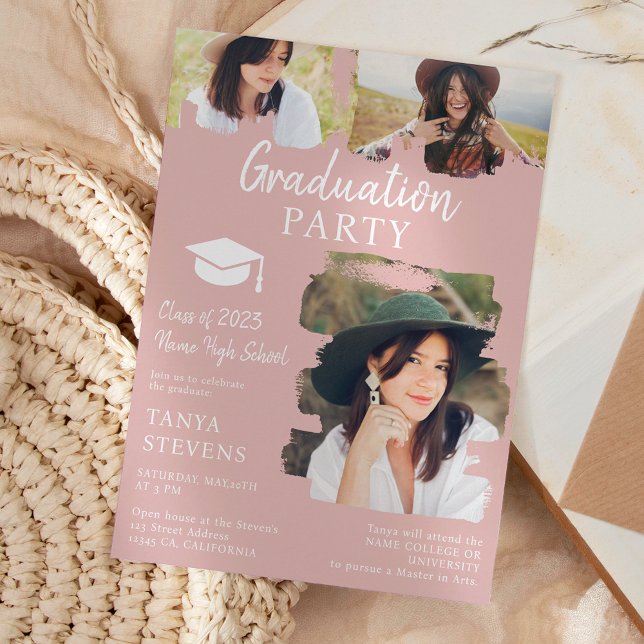Modern blush rose Brushstroke 3 photos graduation Invitation (Creator Uploaded)