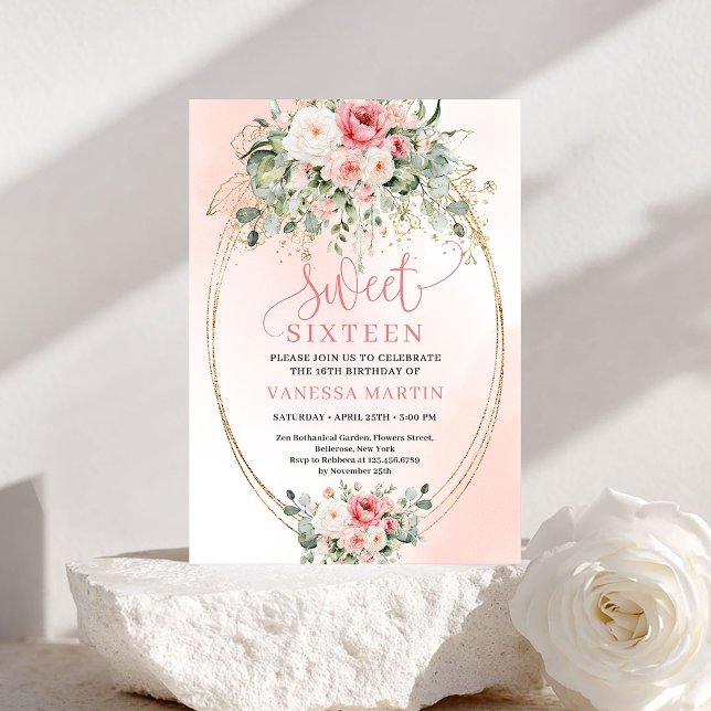Modern Blush Rose Gold Floral Sweet Sixteen Card (Modern Blush Rose Gold Floral Sweet Sixteen Card)