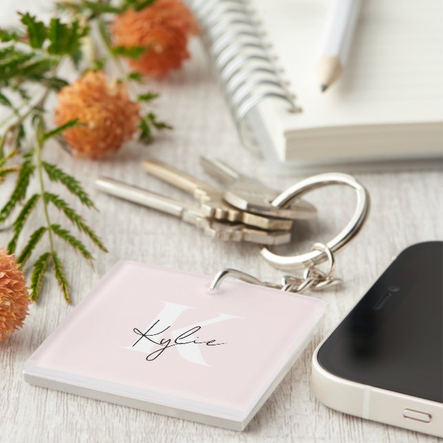 Modern Blush Rose Personalised Monogram Name -  Key Ring (Front Right)
