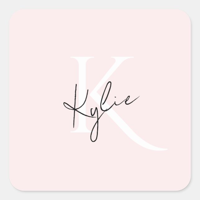 Modern Blush Rose Personalised Monogram Name -  Square Sticker (Front)