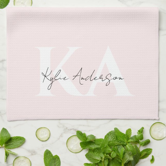 Modern Blush Rose Personalised Monogram Name -  Tea Towel (Folded)