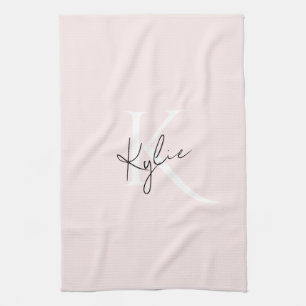 Modern Blush Rose Personalised Monogram Name - Tea Towel