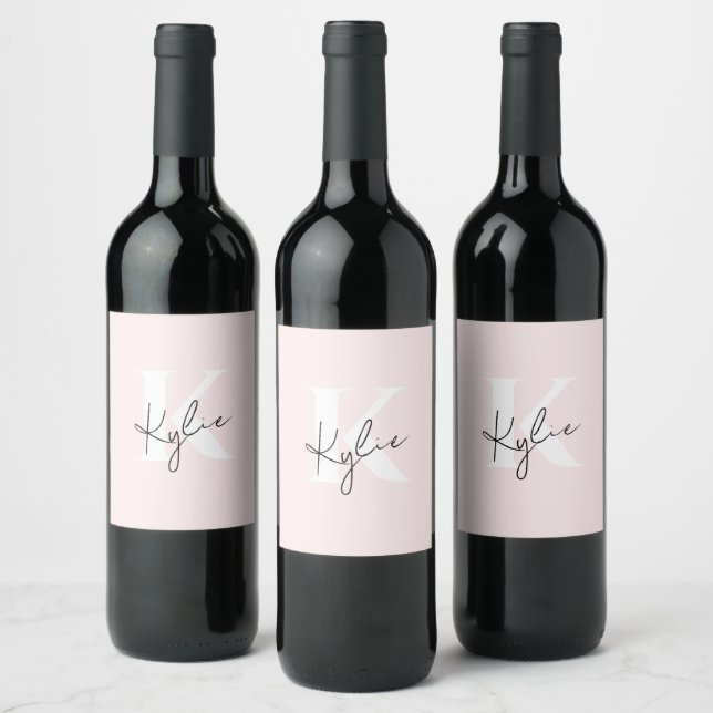 Modern Blush Rose Personalised Monogram Name -  Wine Label (Bottles)