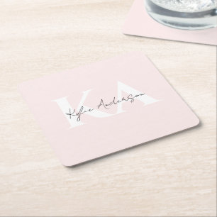 Modern Blush Rose Personalized Monogram Name -  Square Paper Coaster