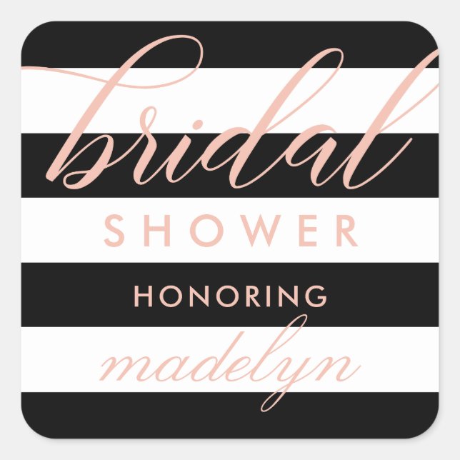 Modern Blush Script Black Stripes Bridal Shower Square Sticker (Front)