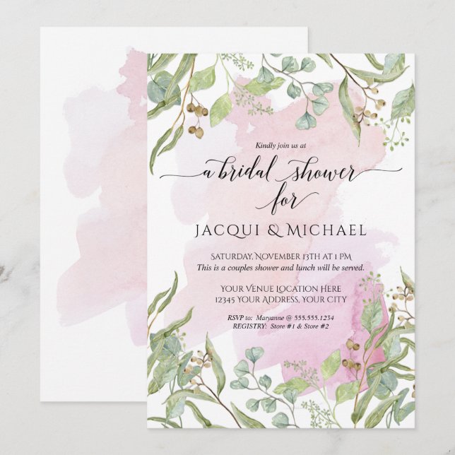 Modern Blush Watercolor Eucalyptus Greenery Bridal Invitation (Front/Back)