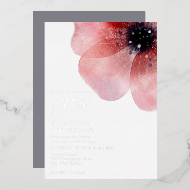 Modern Blush Watercolor Poppy  Wedding Silver (Front/Back)