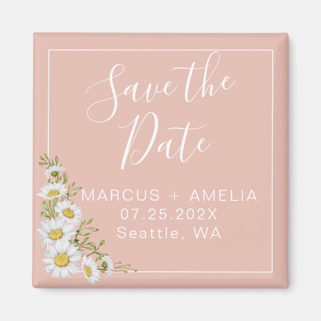 Modern Blush & White Daisies Save The Date Square Magnet (Front)