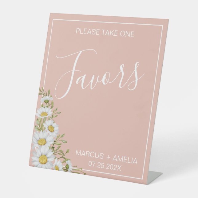 Modern  Blush & White Daisies Wedding Favours Pedestal Sign (Front)