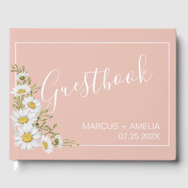 Modern  Blush & White Daisies Wedding Guestbook  (Front)